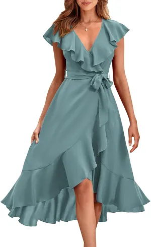 RETTYGARDEN Women's 2025 Summer Cross Midi Dress Casual Boho Deep V Neck Short Sleeve Ruffle Hem Split Beach Long Dresses