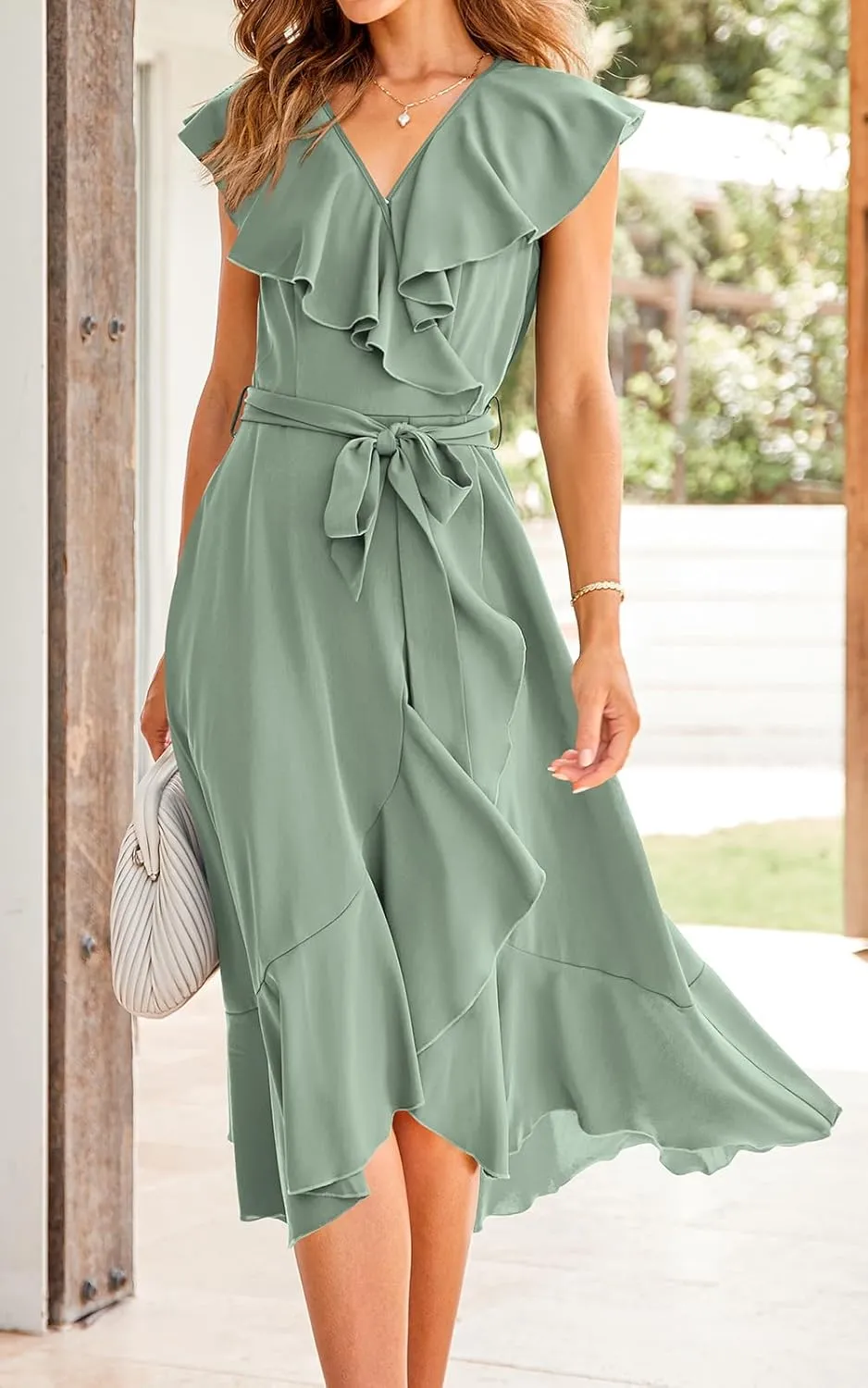 RETTYGARDEN Women's 2025 Summer Cross Midi Dress Casual Boho Deep V Neck Short Sleeve Ruffle Hem Split Beach Long Dresses