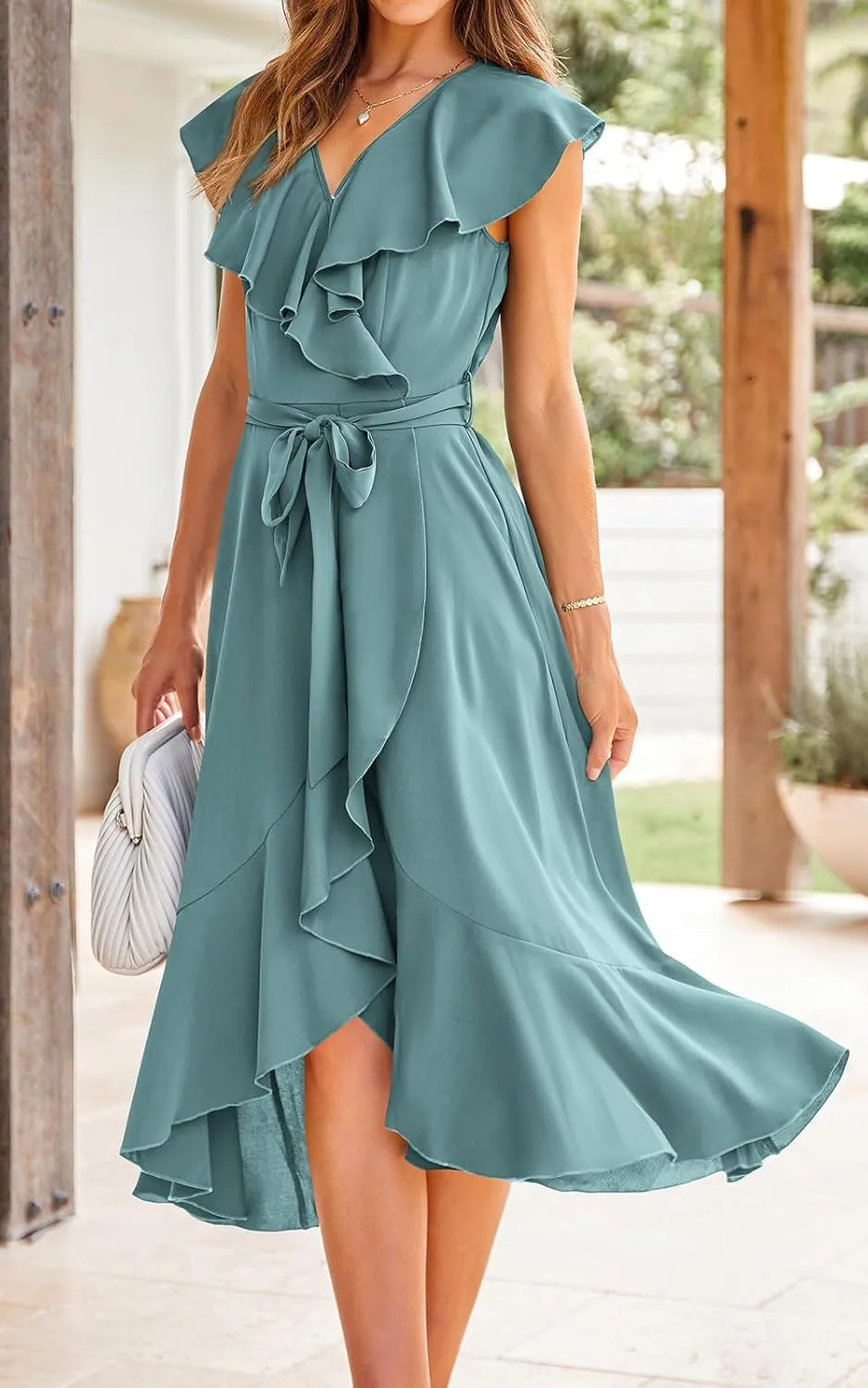 RETTYGARDEN Women's 2025 Summer Cross Midi Dress Casual Boho Deep V Neck Short Sleeve Ruffle Hem Split Beach Long Dresses