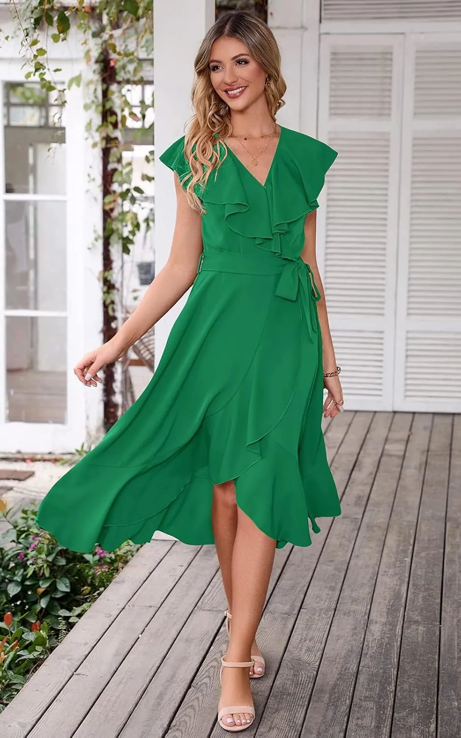 RETTYGARDEN Women's 2025 Summer Cross Midi Dress Casual Boho Deep V Neck Short Sleeve Ruffle Hem Split Beach Long Dresses