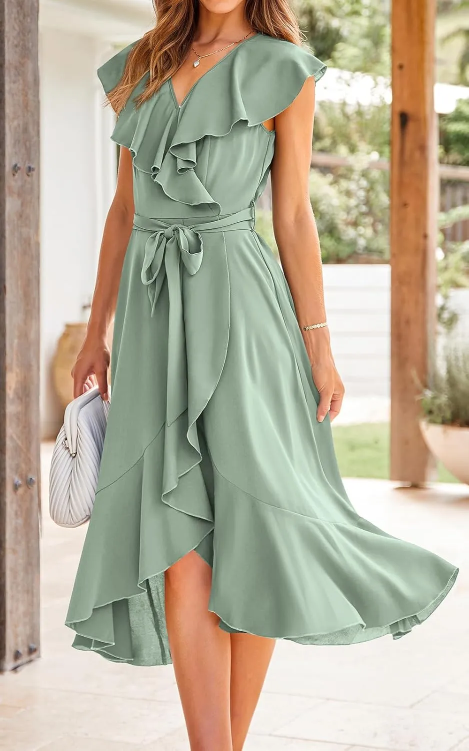 RETTYGARDEN Women's 2025 Summer Cross Midi Dress Casual Boho Deep V Neck Short Sleeve Ruffle Hem Split Beach Long Dresses