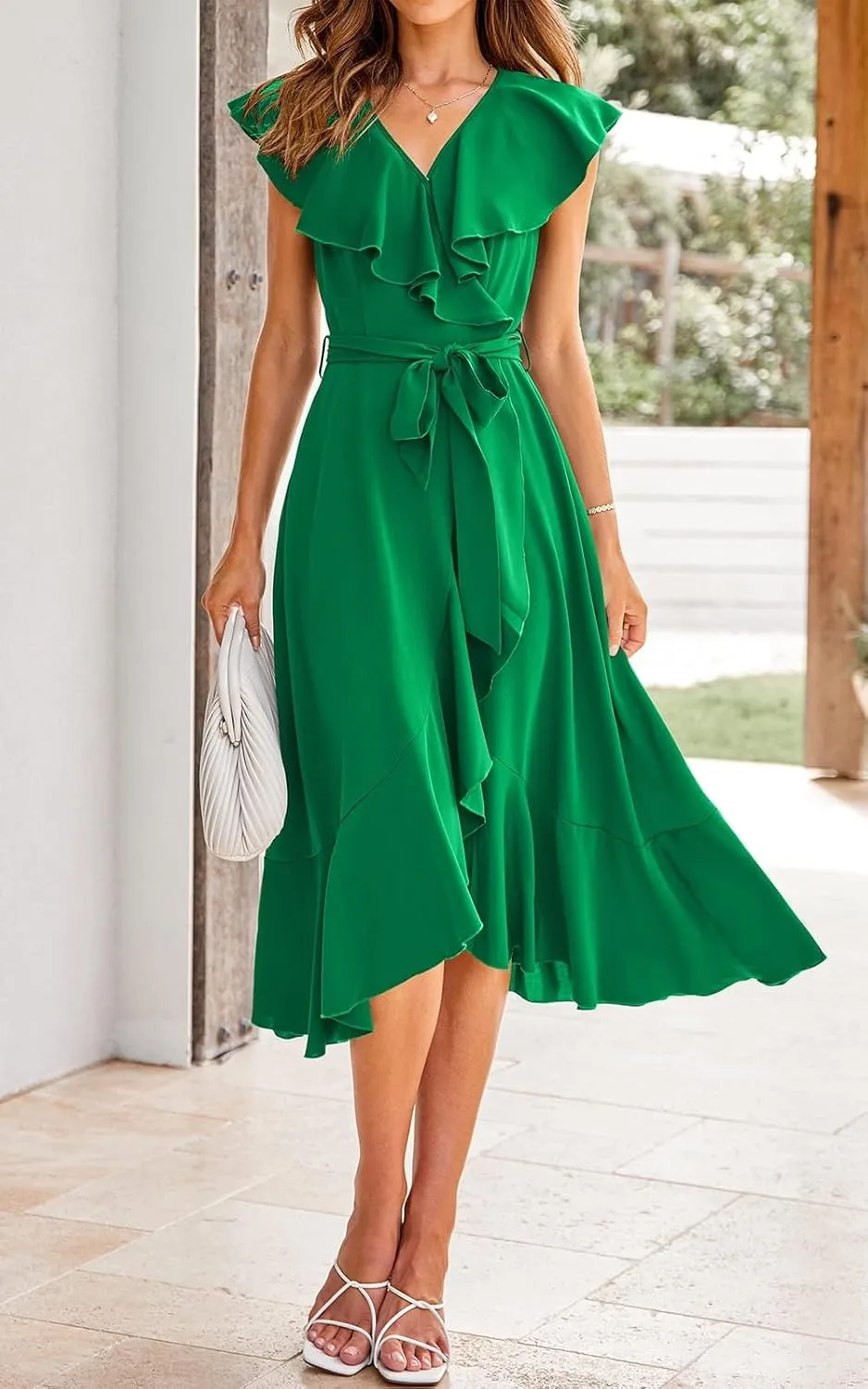 RETTYGARDEN Women's 2025 Summer Cross Midi Dress Casual Boho Deep V Neck Short Sleeve Ruffle Hem Split Beach Long Dresses