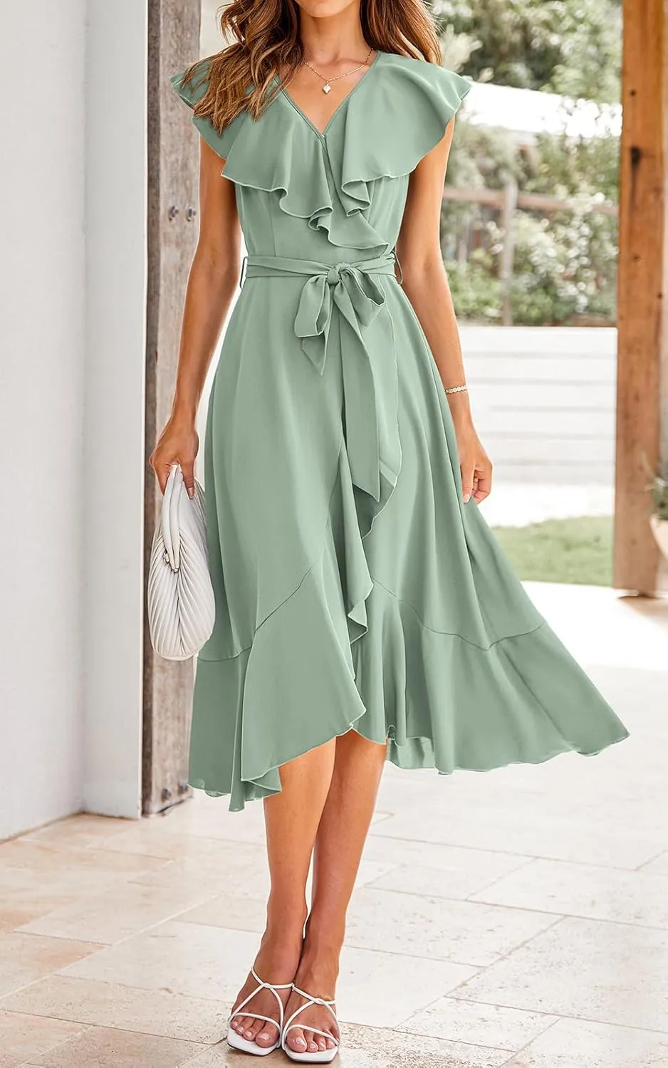 RETTYGARDEN Women's 2025 Summer Cross Midi Dress Casual Boho Deep V Neck Short Sleeve Ruffle Hem Split Beach Long Dresses