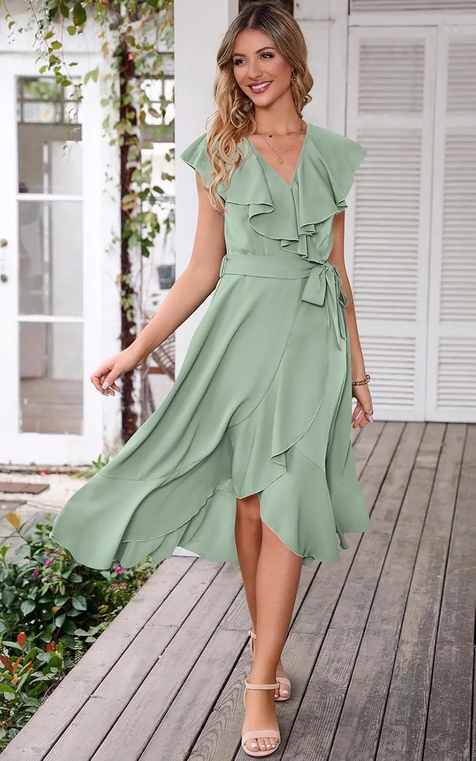 RETTYGARDEN Women's 2025 Summer Cross Midi Dress Casual Boho Deep V Neck Short Sleeve Ruffle Hem Split Beach Long Dresses