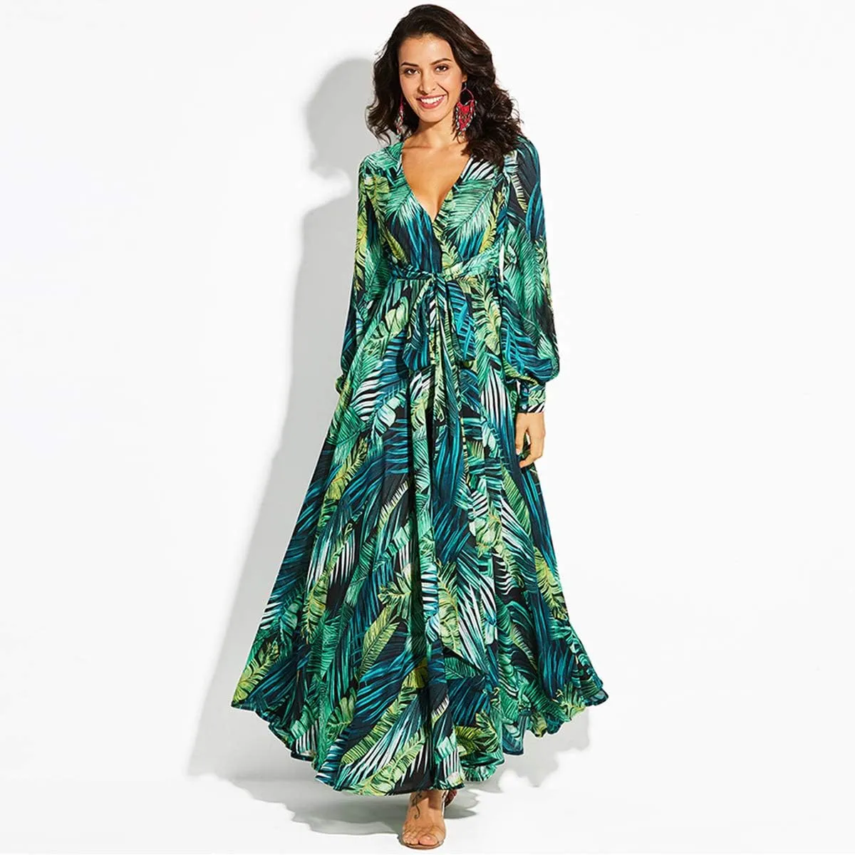 R.Vivimos Women's Chiffon Print V Neck Long Sleeve Tie Waist Casual Boho Maxi Dresses