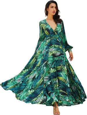 R.Vivimos Women's Chiffon Print V Neck Long Sleeve Tie Waist Casual Boho Maxi Dresses
