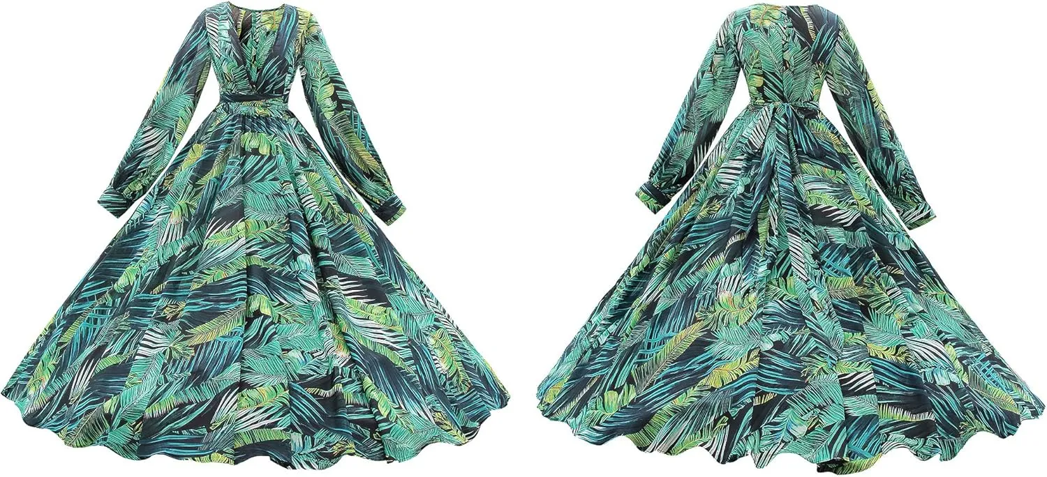 R.Vivimos Women's Chiffon Print V Neck Long Sleeve Tie Waist Casual Boho Maxi Dresses