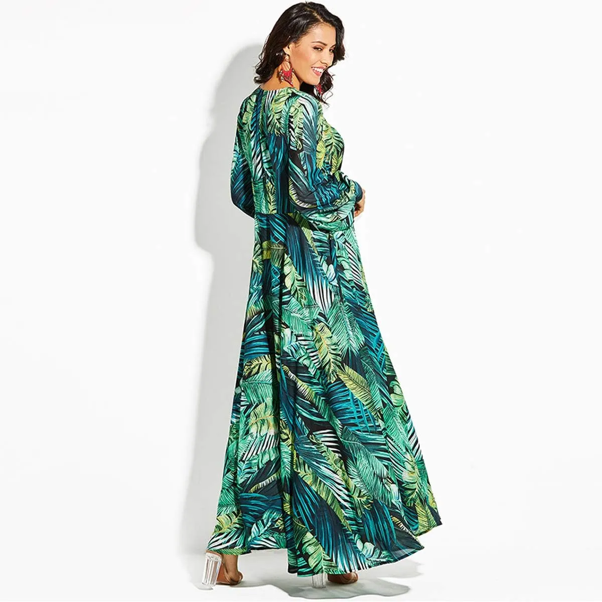 R.Vivimos Women's Chiffon Print V Neck Long Sleeve Tie Waist Casual Boho Maxi Dresses