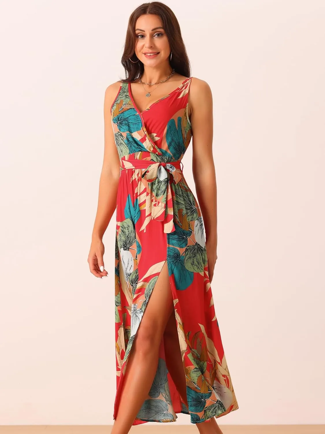 Seta T Women's Summer Boho Maxi Dresses V Neck Sleeveless Floral Flowy Split Hem Belted Casual Sundress