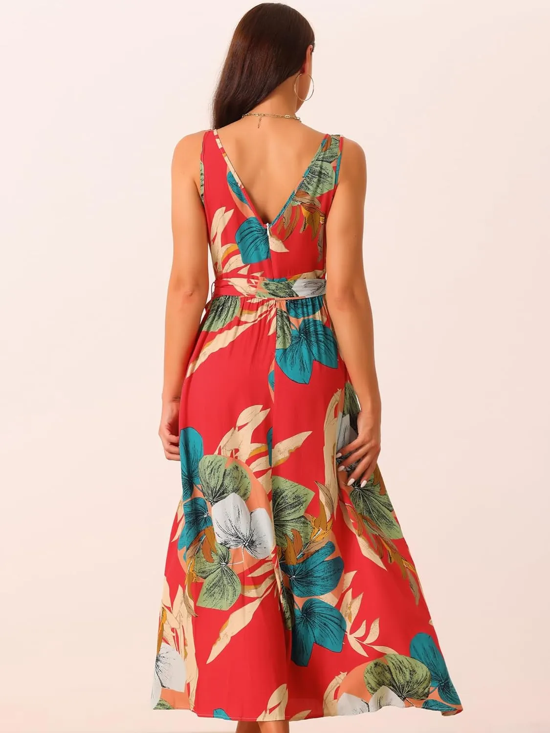 Seta T Women's Summer Boho Maxi Dresses V Neck Sleeveless Floral Flowy Split Hem Belted Casual Sundress