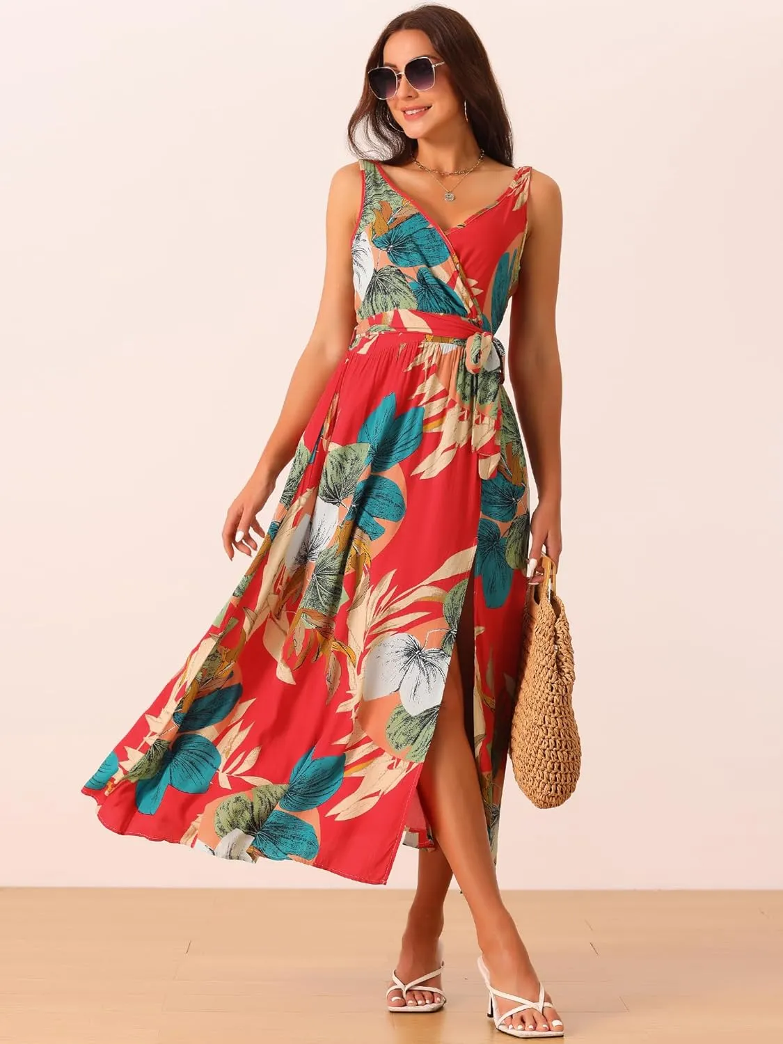 Seta T Women's Summer Boho Maxi Dresses V Neck Sleeveless Floral Flowy Split Hem Belted Casual Sundress