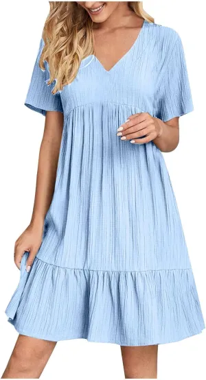 Short Sleeve Dress for Women Casual V-Neck A-Line Dress with Ruffle Hem Vestidos Casuales para Mujer