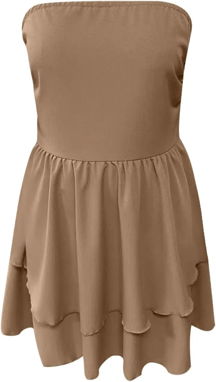 Sinzelimin Womens Sexy Bandeau Mini Dresses Fashion Solid Layered Ruffles Pleated A-Line Short Dress Summer Beach Sundress