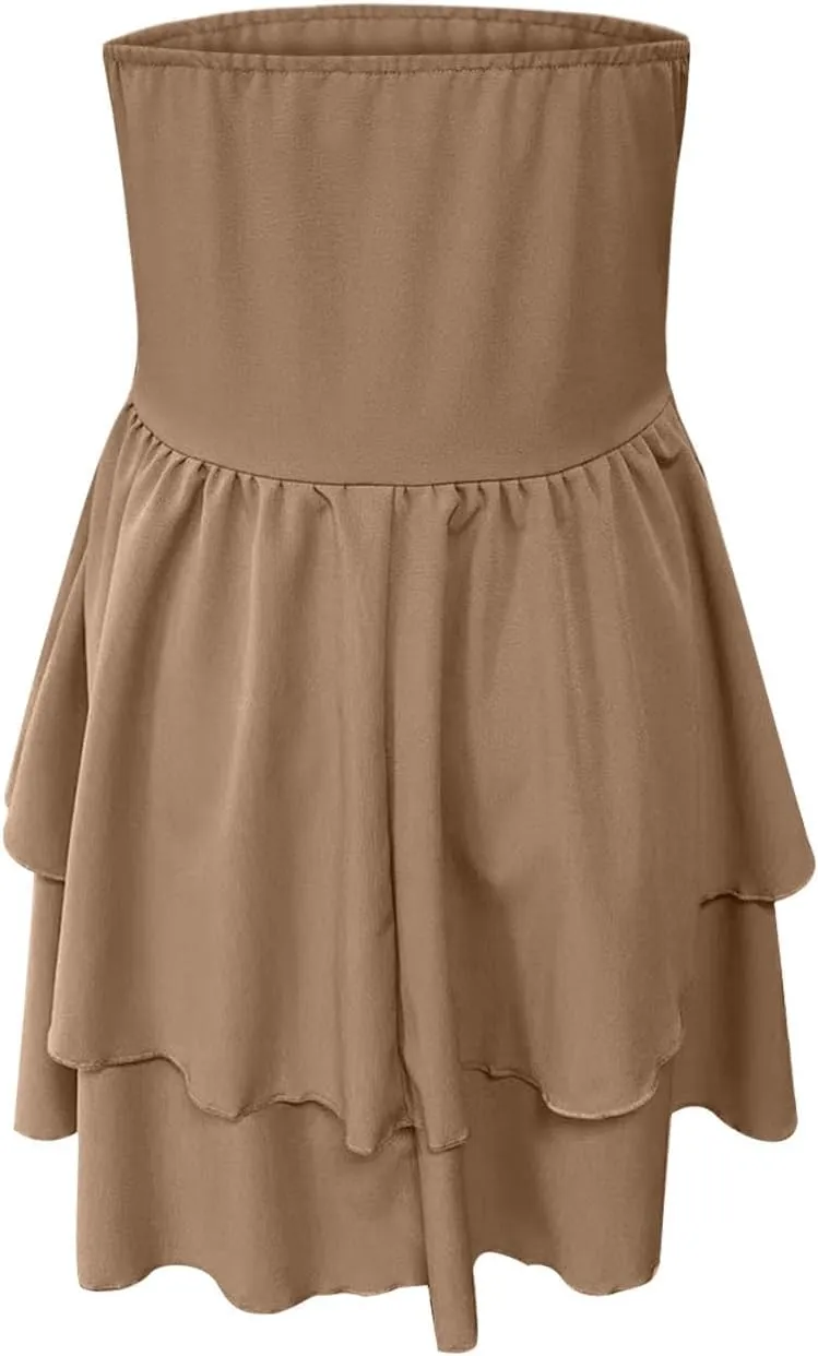 Sinzelimin Womens Sexy Bandeau Mini Dresses Fashion Solid Layered Ruffles Pleated A-Line Short Dress Summer Beach Sundress