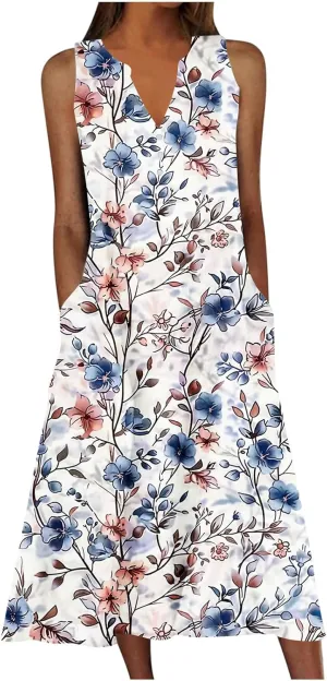 Sleeveless Dress for Women Summer Casual Aline Flowy Maxi Long Dress Floral Print Loose V Neck Beach Vacation Outfits