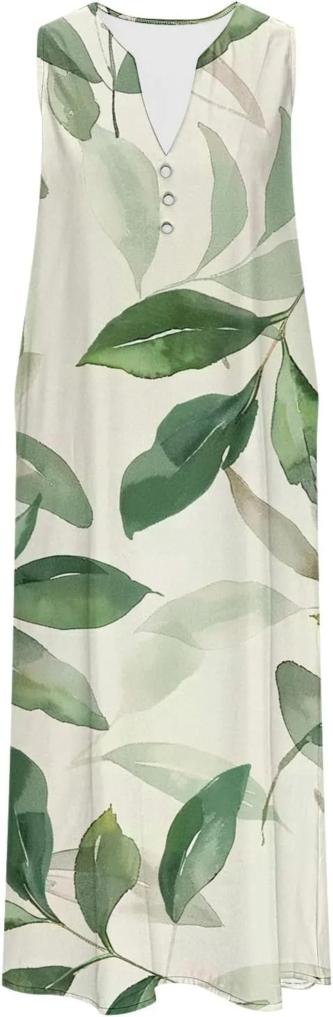 Sleeveless Dress for Women Summer Graphic Printed V Neck a Line Tank Dresses Boho Beach Vacation Sundress