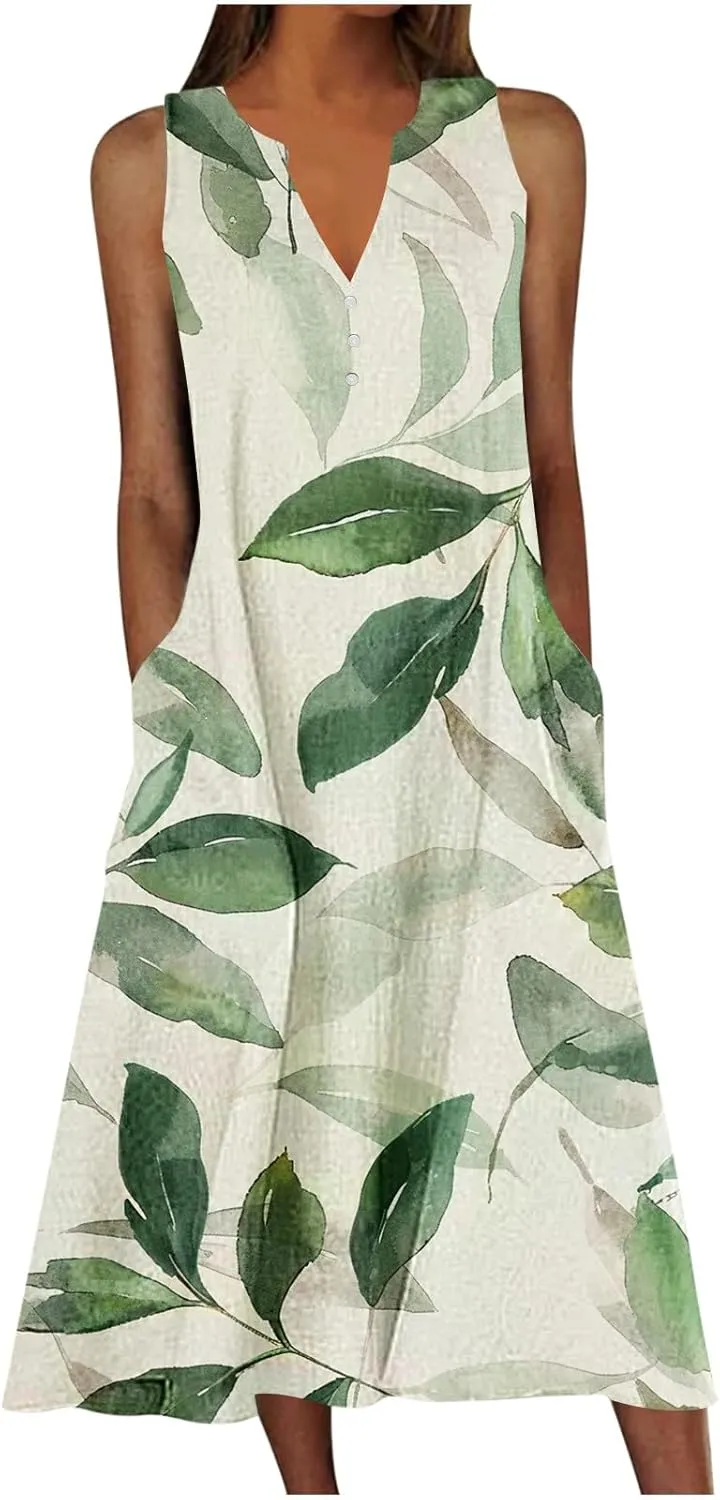 Sleeveless Dress for Women Summer Graphic Printed V Neck a Line Tank Dresses Boho Beach Vacation Sundress