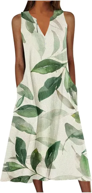 Sleeveless Dress for Women Summer Graphic Printed V Neck a Line Tank Dresses Boho Beach Vacation Sundress