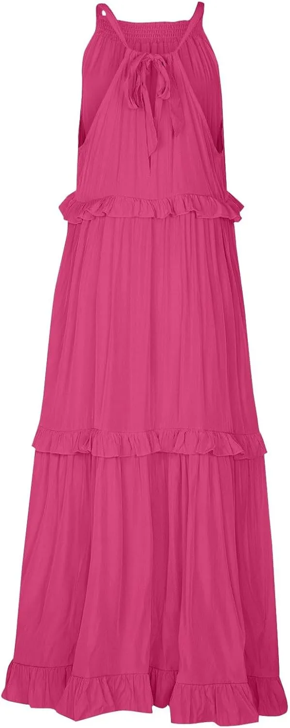 Smocked Dress Women Summer Sleeveless Tank Halter Tie Back Loose Flowy Ruffle Tiered Maxi Dress with Pockets
