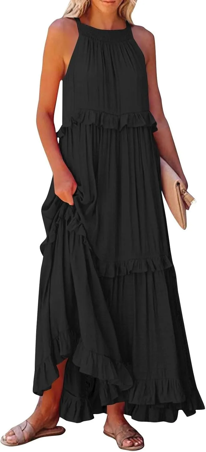 Smocked Dress Women Summer Sleeveless Tank Halter Tie Back Loose Flowy Ruffle Tiered Maxi Dress with Pockets