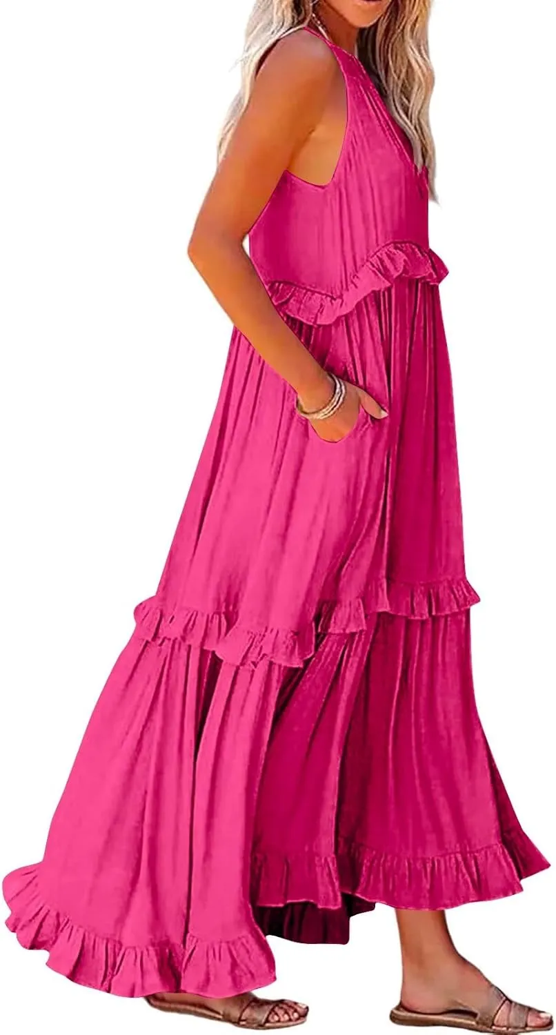 Smocked Dress Women Summer Sleeveless Tank Halter Tie Back Loose Flowy Ruffle Tiered Maxi Dress with Pockets