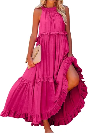 Smocked Dress Women Summer Sleeveless Tank Halter Tie Back Loose Flowy Ruffle Tiered Maxi Dress with Pockets