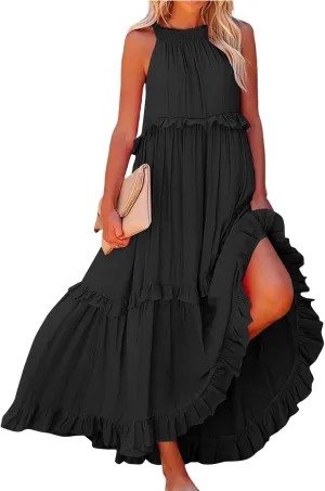 Smocked Dress Women Summer Sleeveless Tank Halter Tie Back Loose Flowy Ruffle Tiered Maxi Dress with Pockets