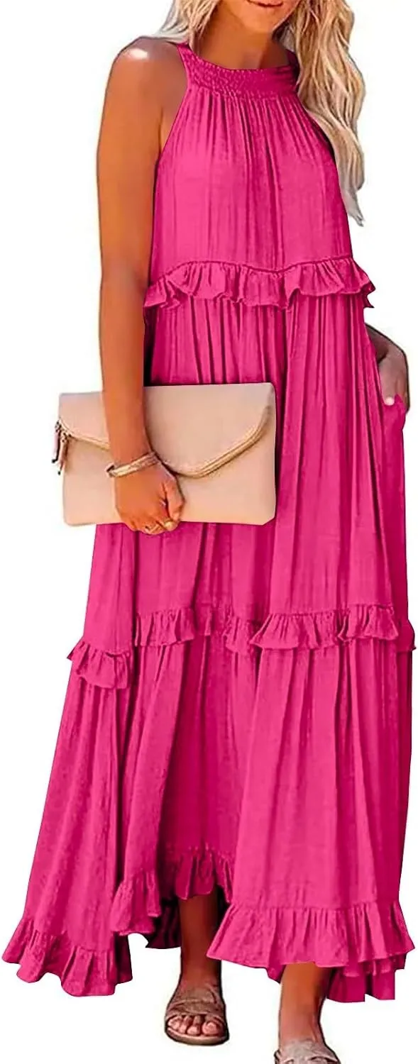 Smocked Dress Women Summer Sleeveless Tank Halter Tie Back Loose Flowy Ruffle Tiered Maxi Dress with Pockets