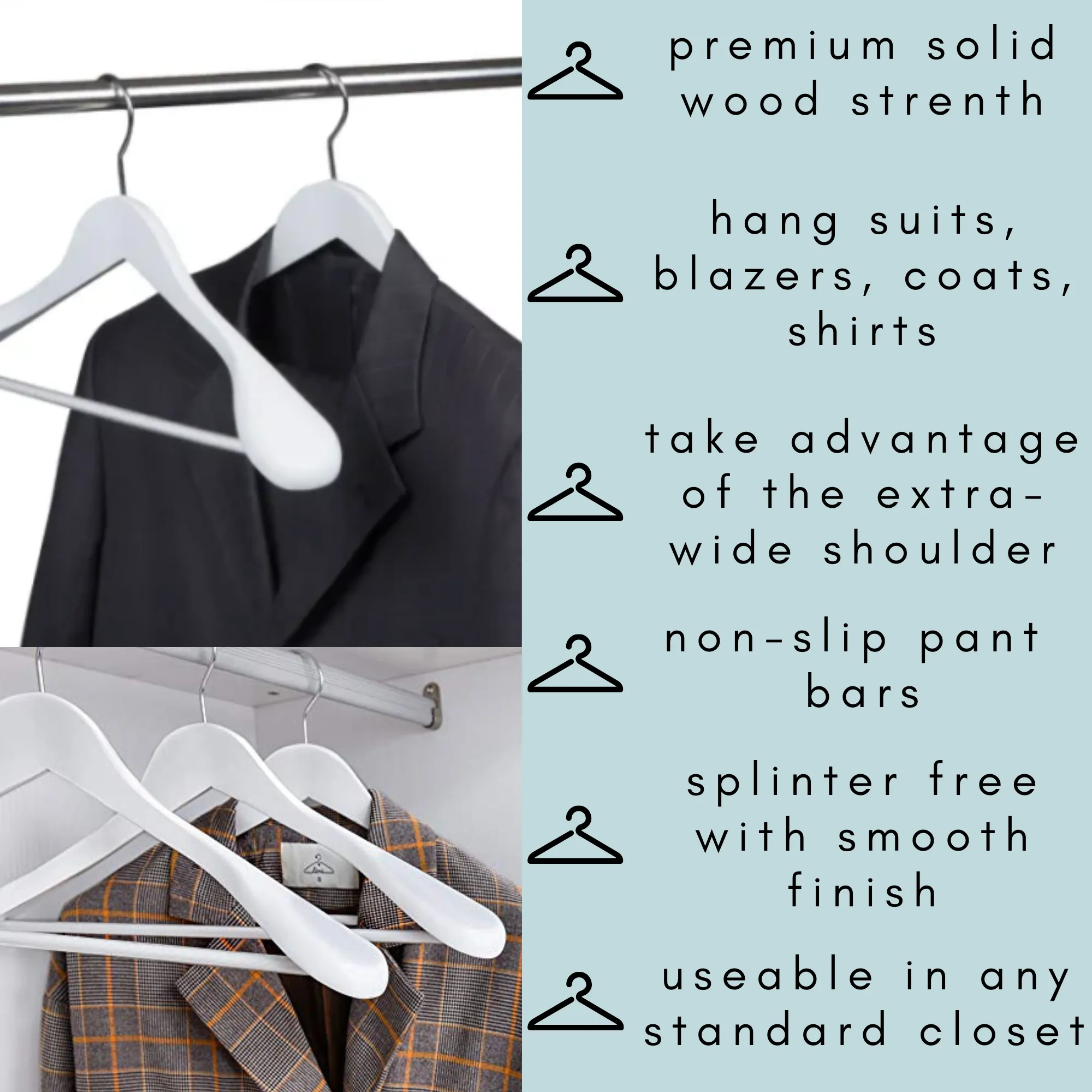 Solid Wood Extra-Wide Shoulder Coat Hangers - Set of 6 (White)
