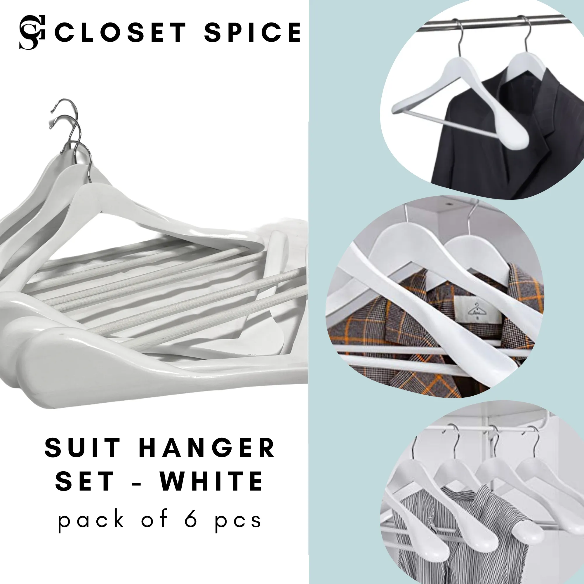 Solid Wood Extra-Wide Shoulder Coat Hangers - Set of 6 (White)