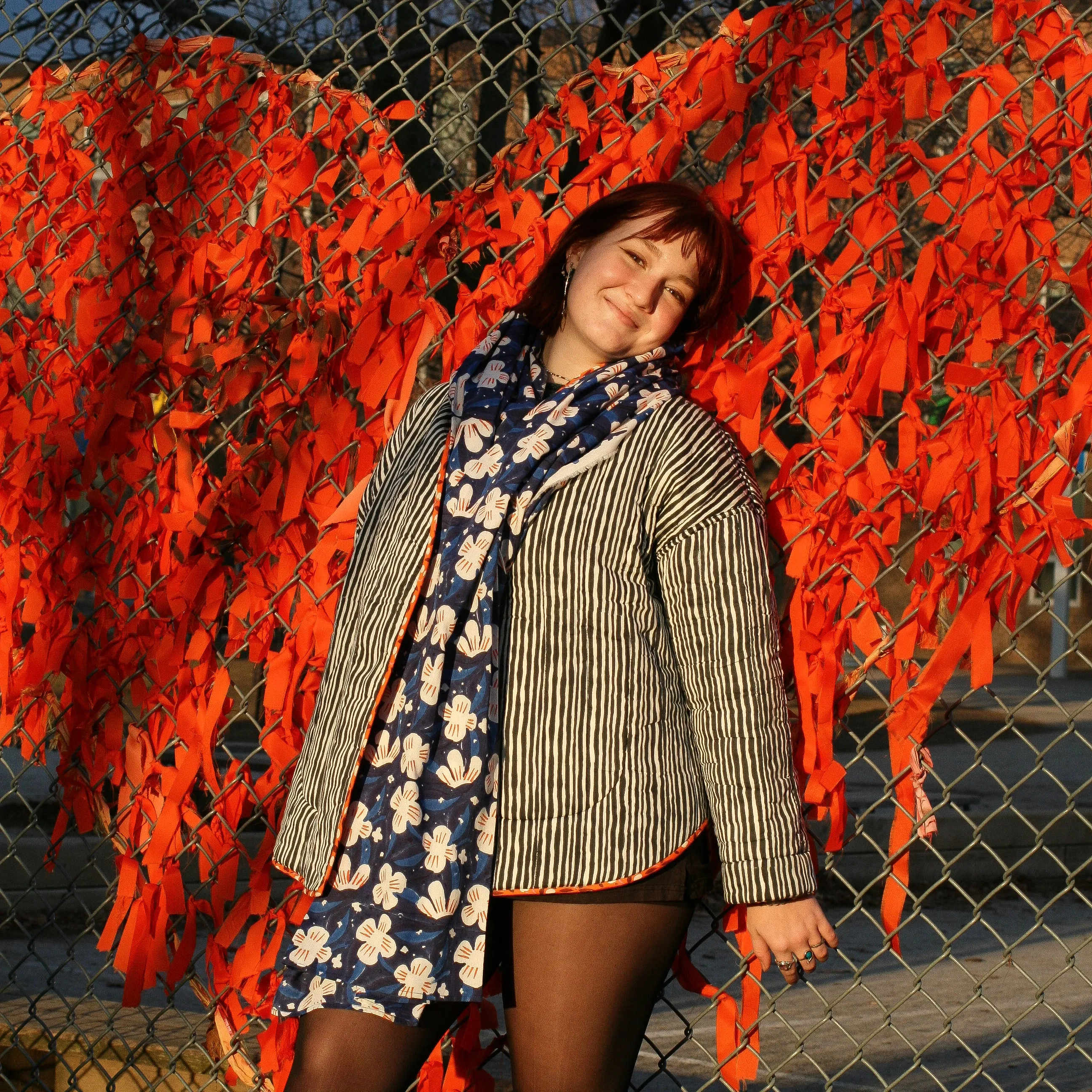 Sonia Jacket in Cinnamon Cherries/Black White Wavy Stripe