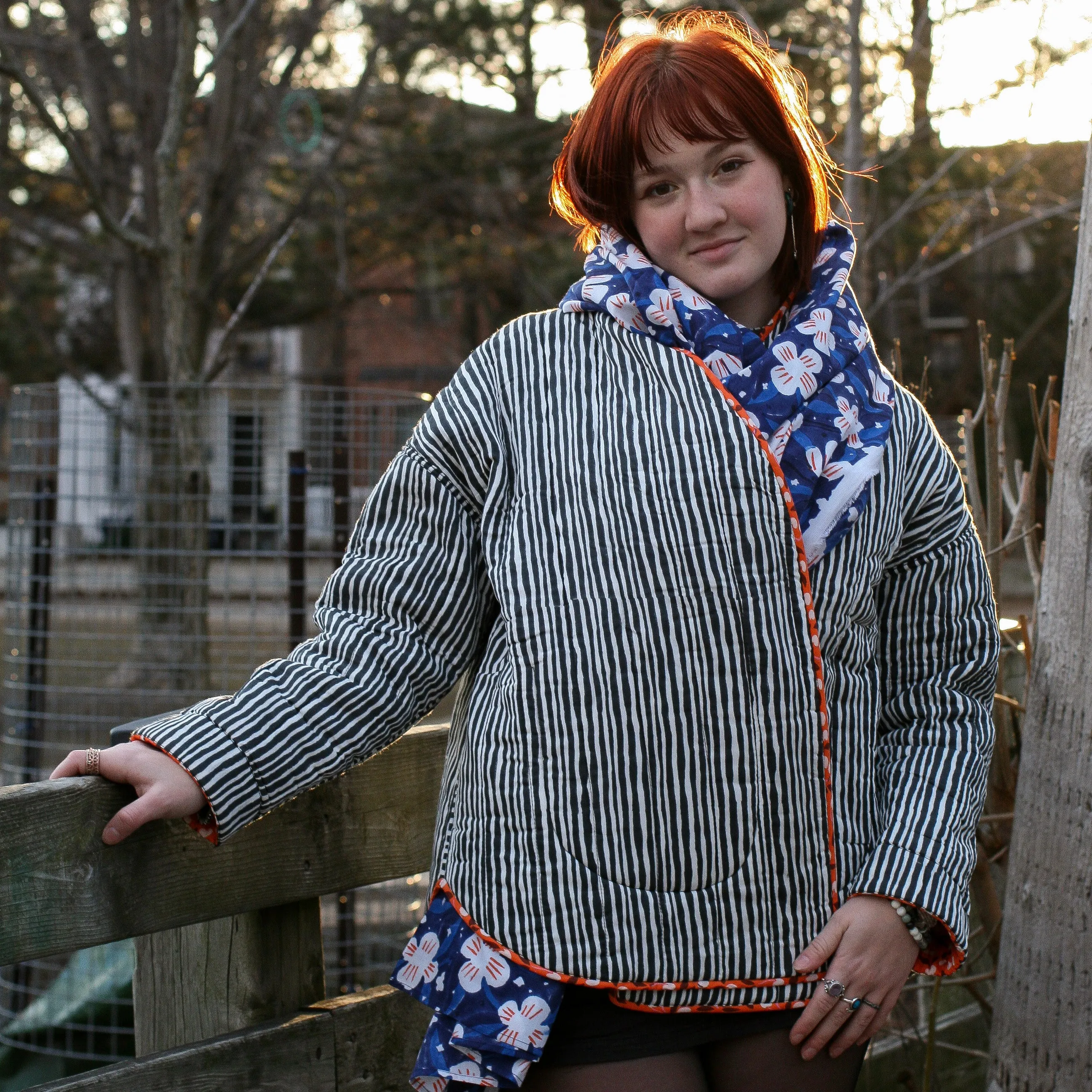 Sonia Jacket in Cinnamon Cherries/Black White Wavy Stripe