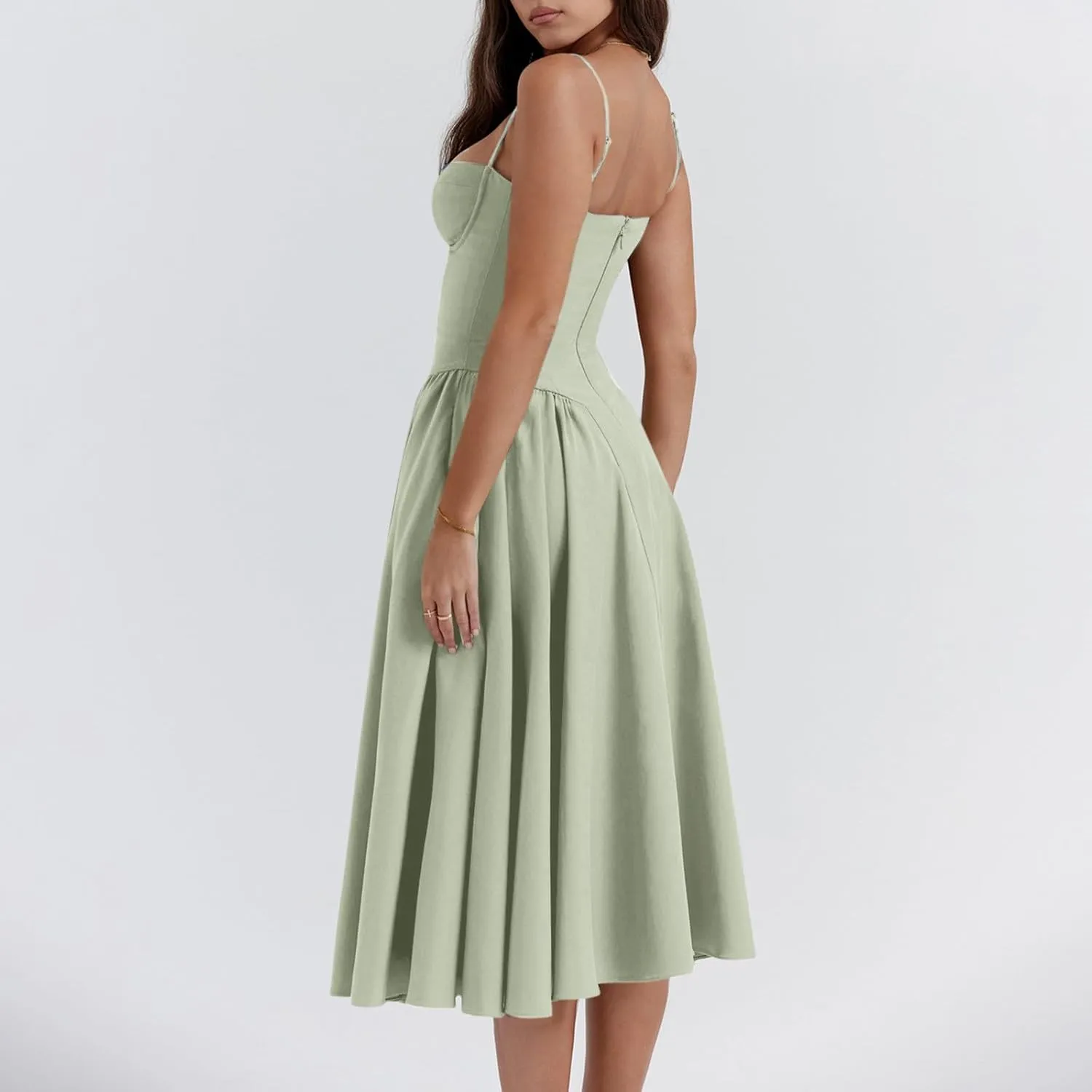 Spaghetti Strap Corset Dress for Women Formal Sexy Low Cut Midi Dress Boho Pleated Hem Cocktail Dresses with Pockets