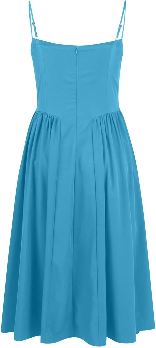 Spaghetti Strap Corset Dress for Women Formal Sexy Low Cut Midi Dress Boho Pleated Hem Cocktail Dresses with Pockets