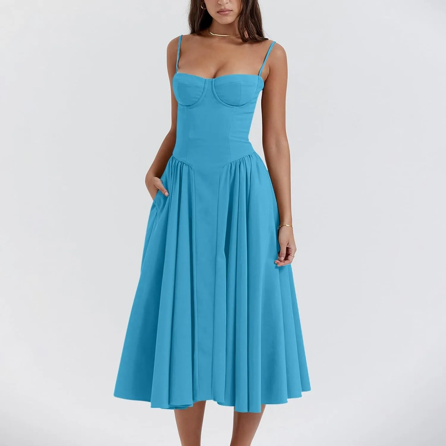 Spaghetti Strap Corset Dress for Women Formal Sexy Low Cut Midi Dress Boho Pleated Hem Cocktail Dresses with Pockets