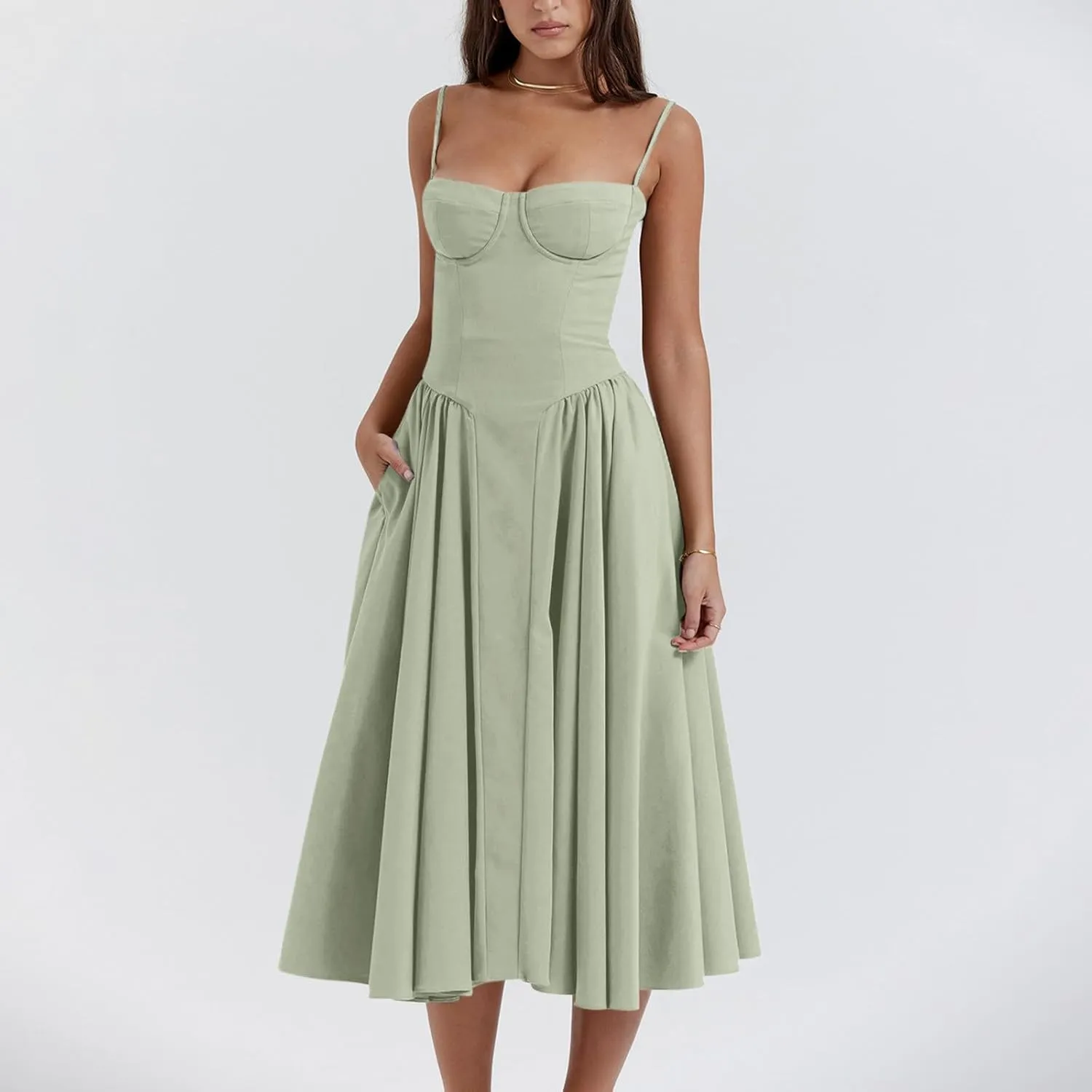 Spaghetti Strap Corset Dress for Women Formal Sexy Low Cut Midi Dress Boho Pleated Hem Cocktail Dresses with Pockets