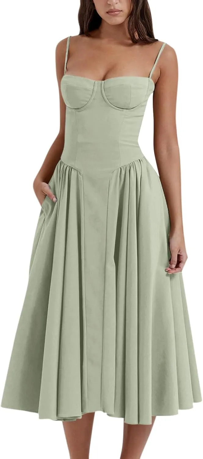 Spaghetti Strap Corset Dress for Women Formal Sexy Low Cut Midi Dress Boho Pleated Hem Cocktail Dresses with Pockets