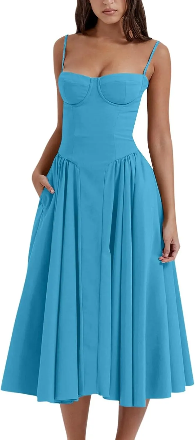 Spaghetti Strap Corset Dress for Women Formal Sexy Low Cut Midi Dress Boho Pleated Hem Cocktail Dresses with Pockets