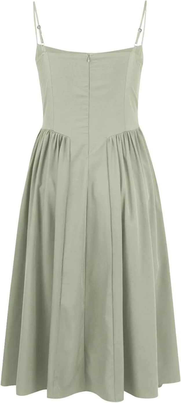 Spaghetti Strap Corset Dress for Women Formal Sexy Low Cut Midi Dress Boho Pleated Hem Cocktail Dresses with Pockets