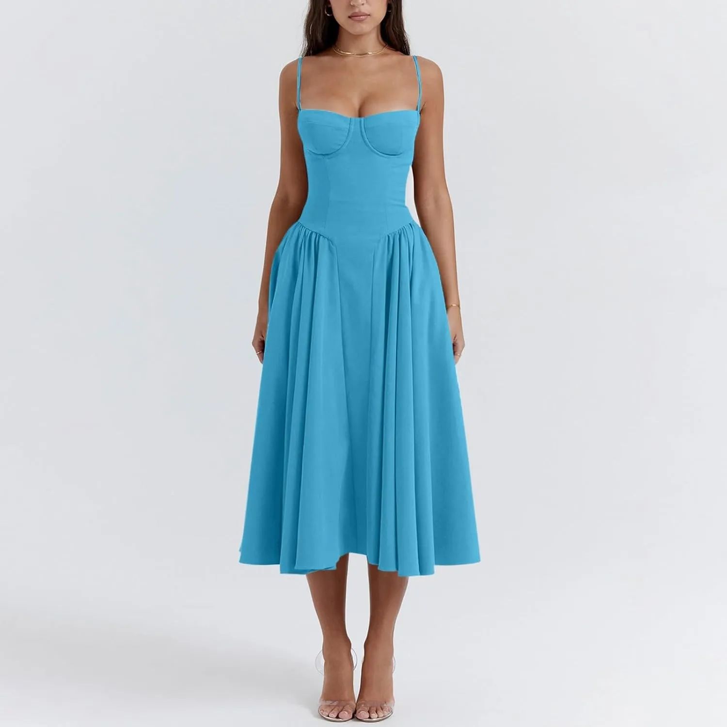 Spaghetti Strap Corset Dress for Women Formal Sexy Low Cut Midi Dress Boho Pleated Hem Cocktail Dresses with Pockets