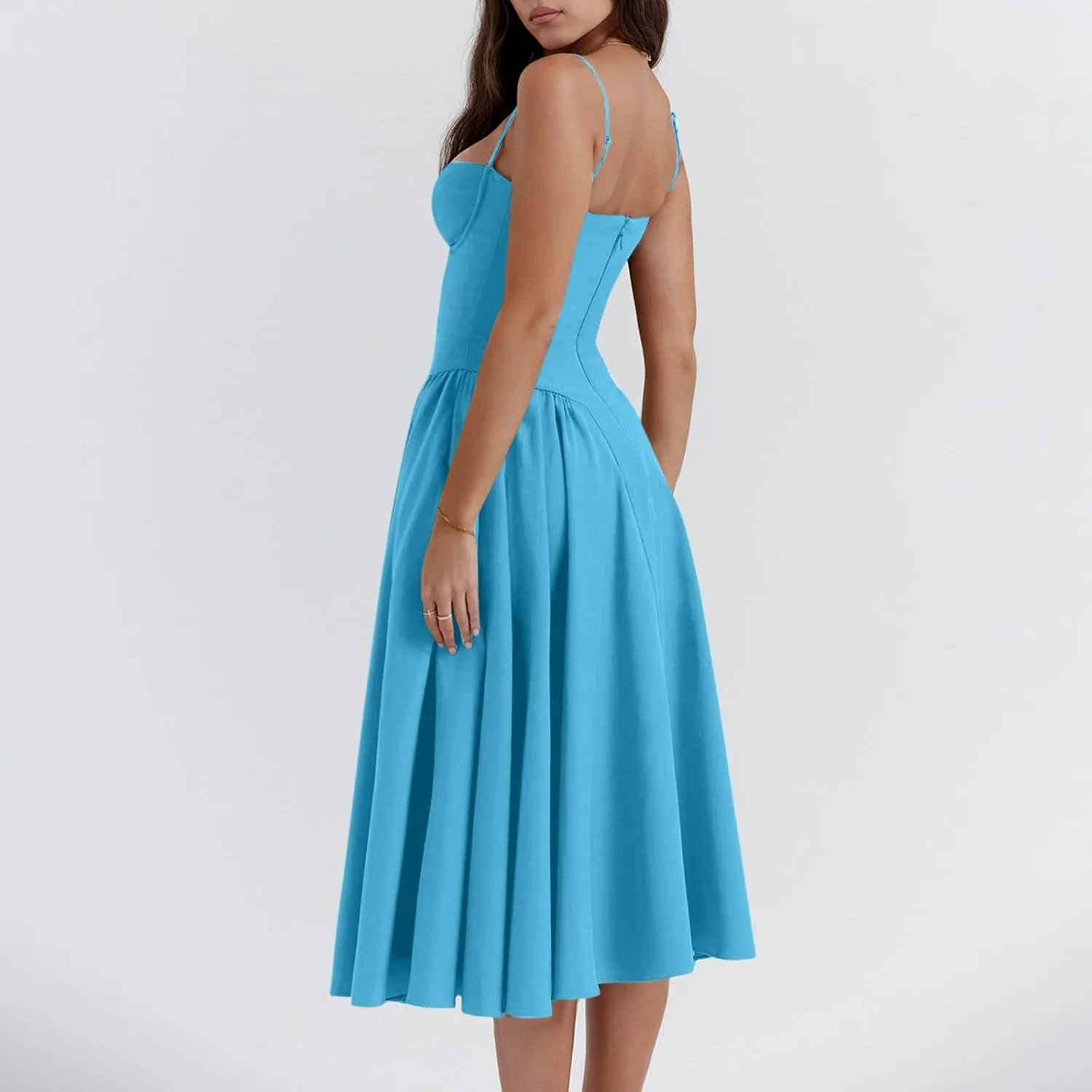 Spaghetti Strap Corset Dress for Women Formal Sexy Low Cut Midi Dress Boho Pleated Hem Cocktail Dresses with Pockets