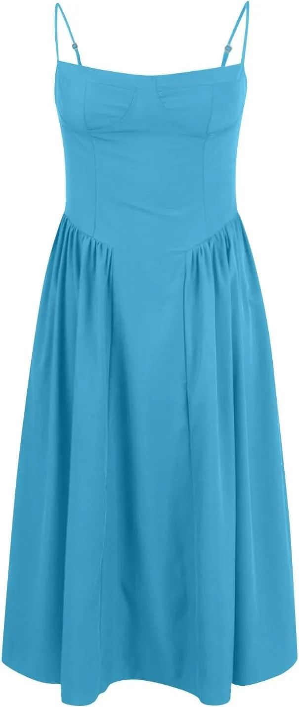 Spaghetti Strap Corset Dress for Women Formal Sexy Low Cut Midi Dress Boho Pleated Hem Cocktail Dresses with Pockets