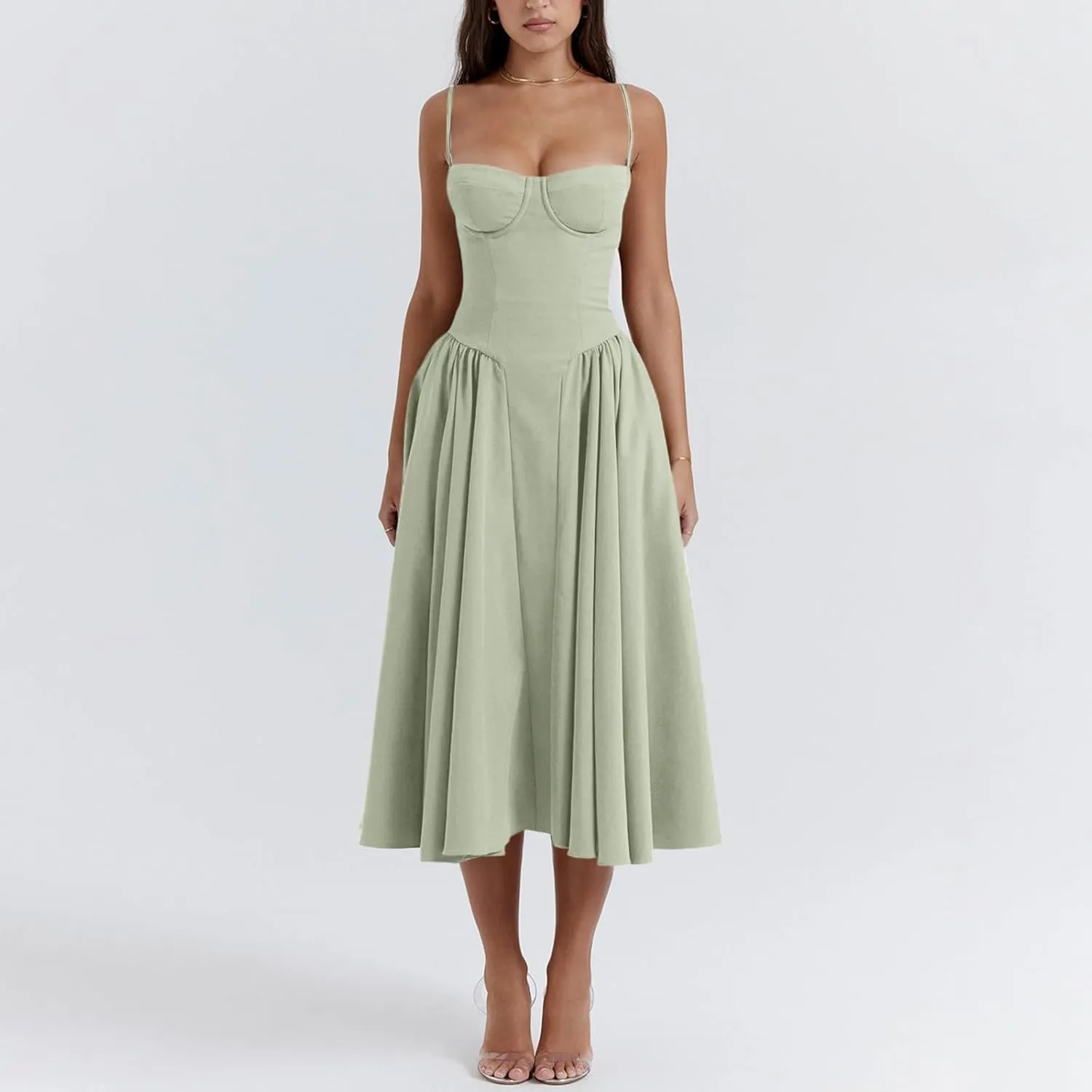 Spaghetti Strap Corset Dress for Women Formal Sexy Low Cut Midi Dress Boho Pleated Hem Cocktail Dresses with Pockets