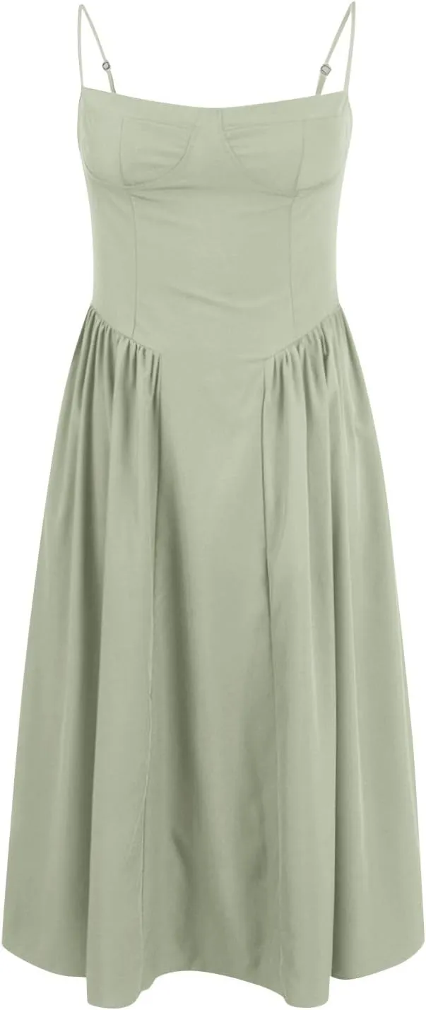 Spaghetti Strap Corset Dress for Women Formal Sexy Low Cut Midi Dress Boho Pleated Hem Cocktail Dresses with Pockets