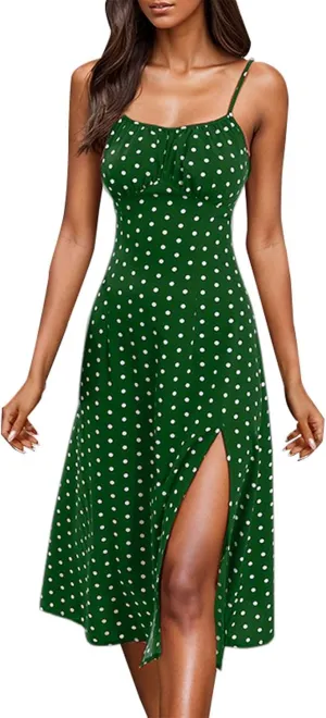 Spaghetti Strap Dresses for Womens Polka Dot Sexy Sleeveless Slit Bodycon Dress Summer Beach Flowy Vacation Sundress