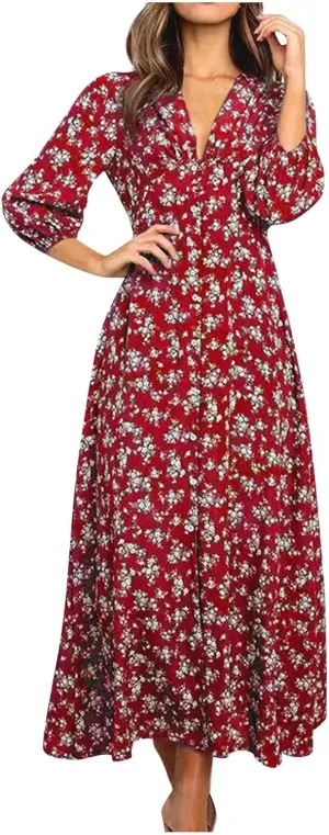 Spring Dresses for Women 2024 Boho Dress Casual Solid Color Mid-Sleeve Big Swing High Waist Dress Summer Wedding Dresses