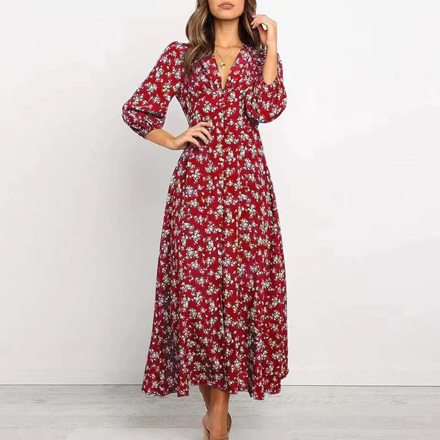 Spring Dresses for Women 2024 Boho Dress Casual Solid Color Mid-Sleeve Big Swing High Waist Dress Summer Wedding Dresses