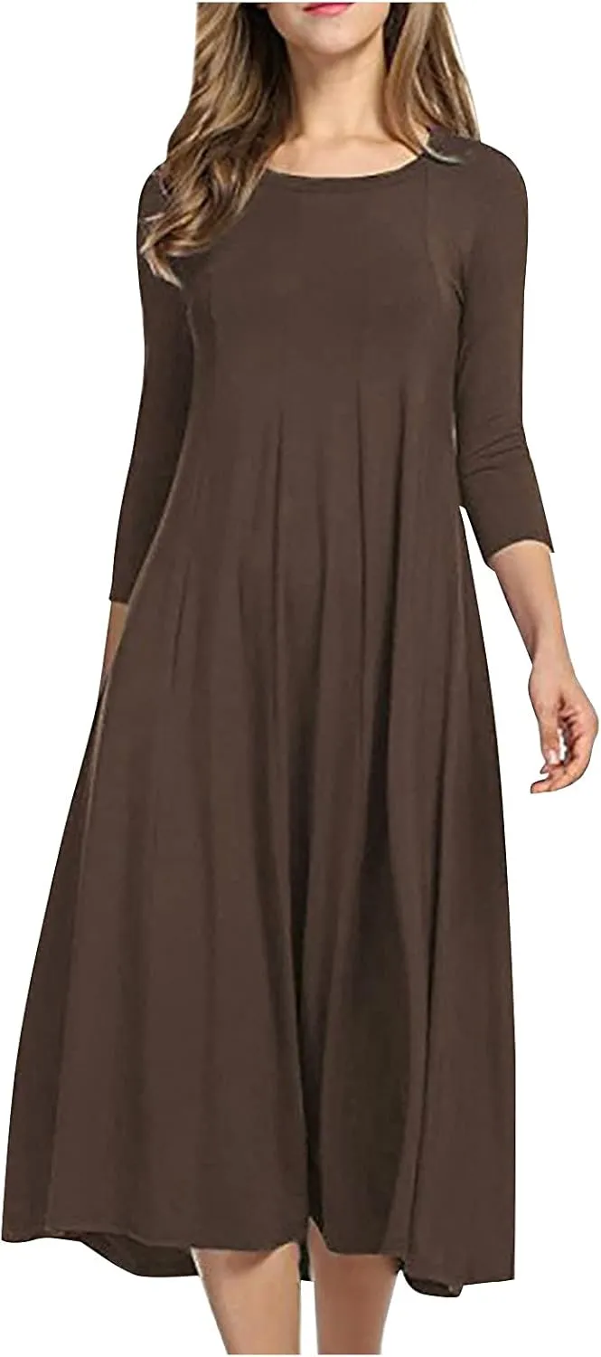 Spring Dresses for Women 2024 Boho Dress Casual Solid Color Mid-Sleeve Big Swing High Waist Dress Summer Wedding Dresses