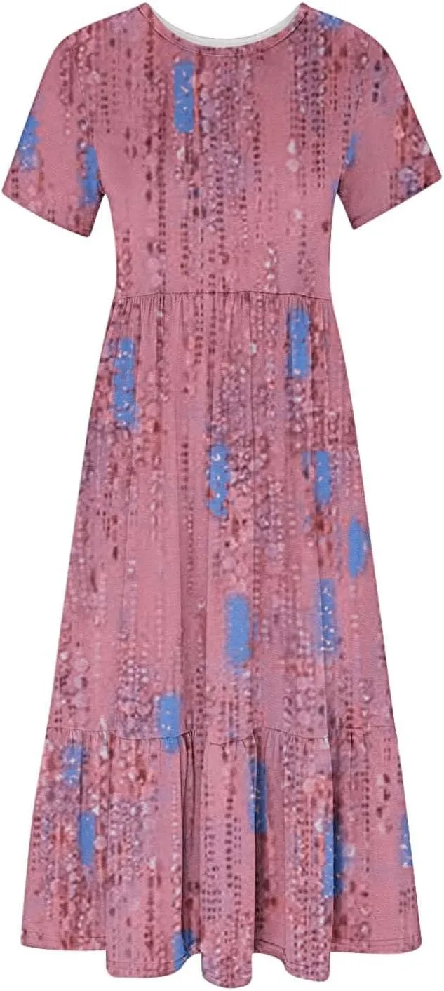 Spring Dresses for Women 2024 Trendy Short Sleeve Crewneck Flowy Tiered Midi Dress Casual Swing Beach Sundress with Pockets