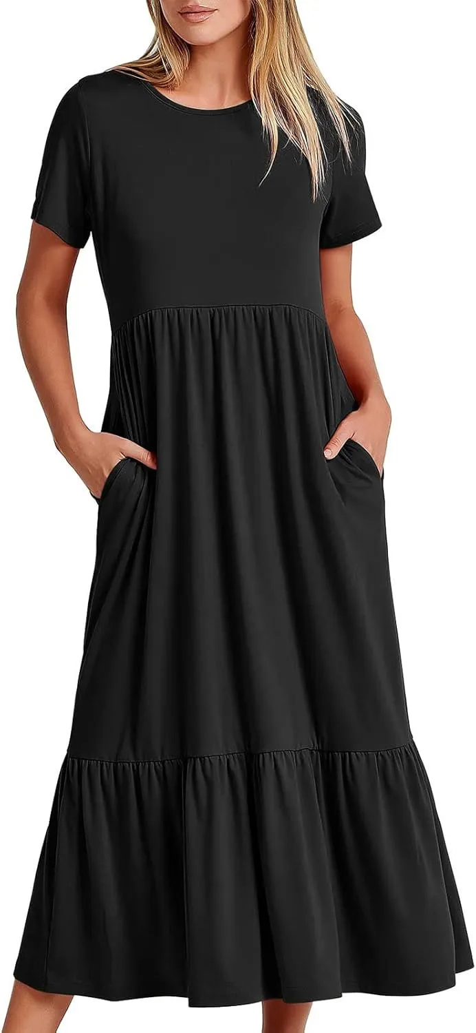 Spring Dresses for Women 2024 Trendy Short Sleeve Crewneck Flowy Tiered Midi Dress Casual Swing Beach Sundress with Pockets